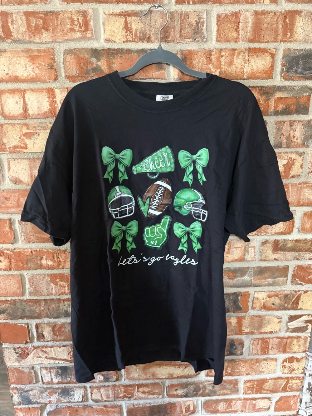 Comfort Colors Black Tee with Green Football & Cheer Graphics